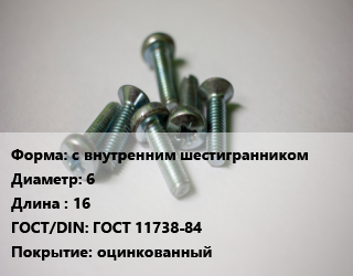Винт с внутренним шестигранником 6х16 ГОСТ 11738-84 оцинкованный, 8.8, РМЗ, кг цена от 168.39 Тг / кг, где купить, условия доставки в Актау и Мангистауской области